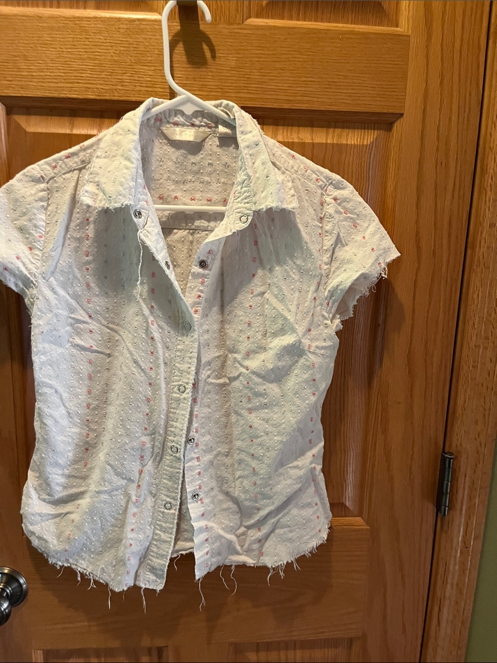 White Eyelet Button-Up Shirt with Pink Accent
